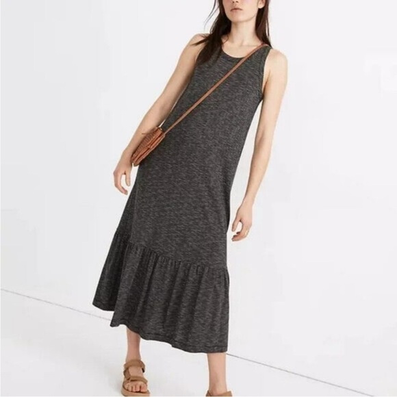 Madewell Knit Tank Dress Ruffle Hem Maxi Striped Black White Size Large - Picture 1 of 9